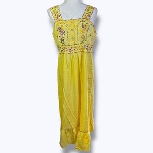Vintage Yellow Embroidered Maxi Sundress Cottage Prairie Folk Boho Summer 70s